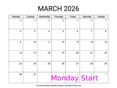 Free Printable Simple March 2026 Calendar (Monday Start)