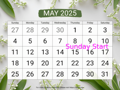 Free Printable Large Lily of the Valley May 2025 Calendar (Sunday Start)