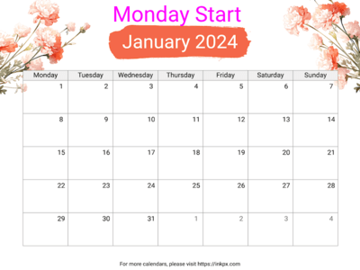 Free Printable Carnation January 2024 Calendar (Monday Start)