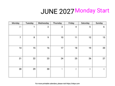 Free Printable Simple June 2027 Calendar (Monday Start)