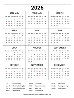 Free Printable Minimalist Table 2026 Yearly Calendar with Highlighted US Holiday