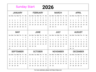 Free Printable Minimalist Table 2026 Yearly Calendar (Landscape, Sunday Start)