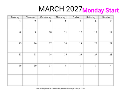 Free Printable Simple March 2027 Calendar (Monday Start)