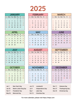 Free Printable Weekend Highlight Colorful Table 2025 Calendar with Highlighted US Holiday