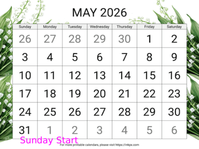 Free Printable Large Lily of the Valley May 2026 Calendar (Sunday Start)