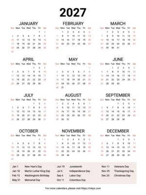 Free Printable Weekend Highlighted 2027 Calendar with US Holiday