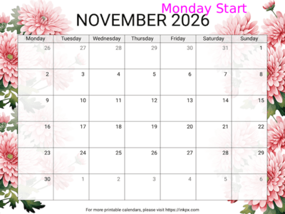 Free Printable Chrysanthemum November 2026 Calendar (Monday Start)