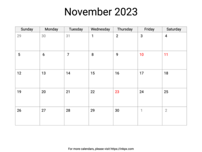 Printable November 2023 Calendar with US Holidays