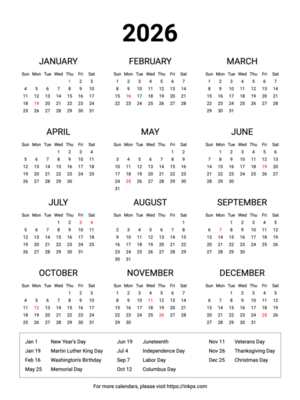 Free Printable Minimalist 2026 Yearly Calendar with Highlighted US Holiday