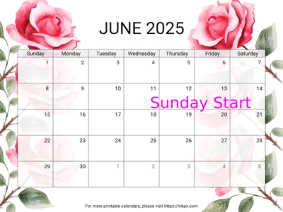 Free Printable Rose June 2025 Calendar (Sunday Start)