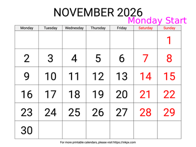 Free Printable Large Weekend Highlighted November 2026 Calendar (Monday Start)