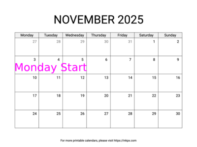 Free Printable Simple November 2025 Calendar (Monday Start)