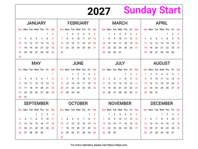 Free Printable Weekend Highlight Table 2027 Calendar (Landscape, Sunday First)