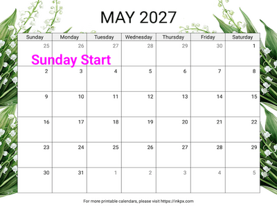 Free Printable Lily of the Valley May 2027 Calendar (Sunday Start)