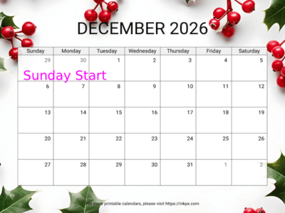 Free Printable Holly Background December 2026 Calendar (Sunday Start)