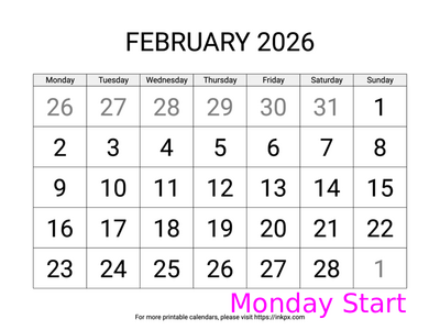 Free Printable Large February 2026 Calendar (Monday Start)