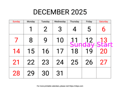 Free Printable Large Weekend Highlighted December 2025 Calendar (Sunday Start)