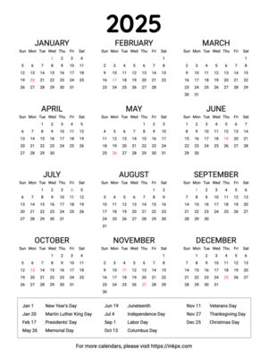 Free Printable Minimalist 2025 Yearly Calendar with Highlighted US Holiday