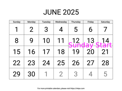 Free Printable Large June 2025 Calendar (Sunday Start)