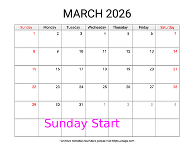 Free Printable Weekend Highlighted March 2026 Calendar (Sunday Start)