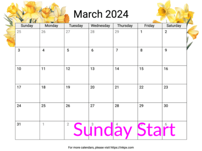 Printable Daffodil March 2024 Calendar (Sunday First)