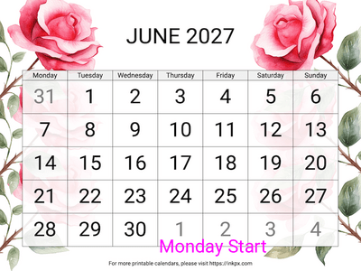 Free Printable Large Font Rose June 2027 Calendar (Monday Start)