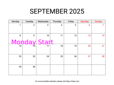 Free Printable Weekend Highlighted September 2025 Calendar (Monday Start)