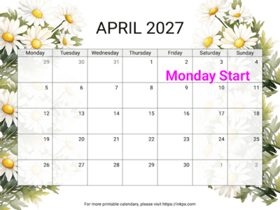 Free Printable Daisy April 2027 Calendar (Monday Start)