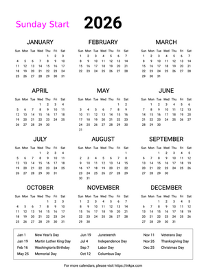 Free Printable Minimalist 2026 Yearly Calendar with US Holiday