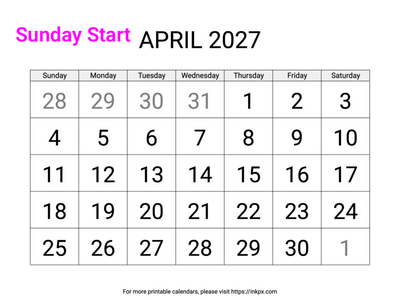 Free Printable Large April 2027 Calendar (Sunday Start)