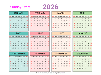 Free Printable Weekend Highlight Colorful 2026 Calendar (Landscape, Sunday First)