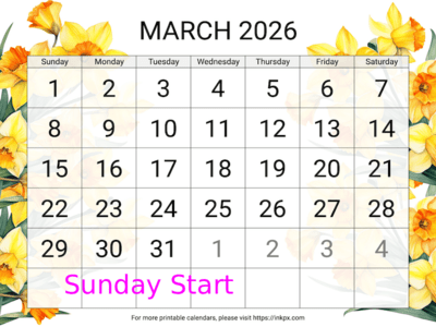 Free Printable Large Daffodil Background March 2026 Calendar (Sunday Start)