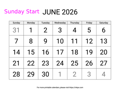 Free Printable Large June 2026 Calendar (Sunday Start)