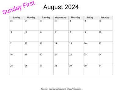 Printable Blank August 2024 Calendar (Sunday First)