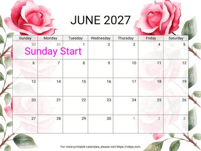 Free Printable Rose June 2027 Calendar (Sunday Start)