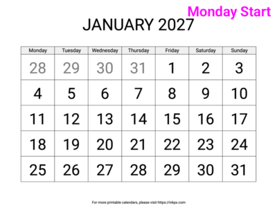 Free Printable Large Font January 2027 Calendar (Monday Start)