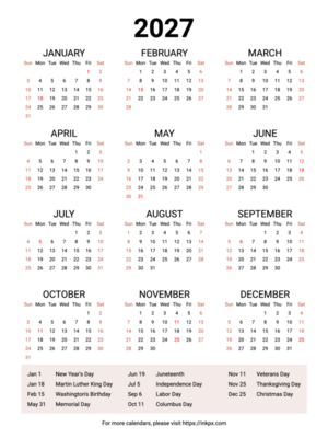 Free Printable Weekend Highlighted 2027 Calendar with Highlighted US Holiday