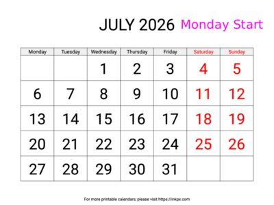 Free Printable Large Weekend Highlighted July 2026 Calendar (Monday Start)