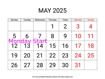 Free Printable Large Weekend Highlighted May 2025 Calendar (Monday Start)