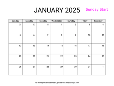 Free Printable Simple January 2025 Calendar (Sunday Start)