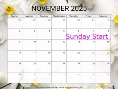 Free Printable Narcissus November 2025 Calendar (Sunday Start)