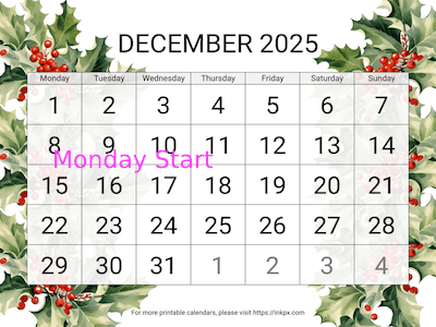 Free Printable Large Holly December 2025 Calendar (Monday Start)