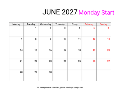 Free Printable Weekend Highlighted June 2027 Calendar (Monday Start)