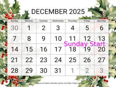 Free Printable Large Holly December 2025 Calendar (Sunday Start)