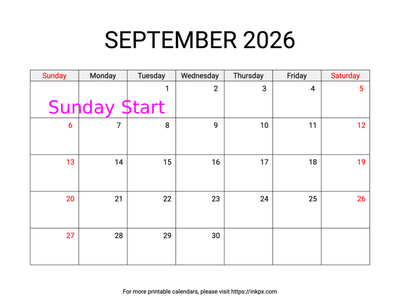 Free Printable Weekend Highlighted September 2026 Calendar (Sunday Start)