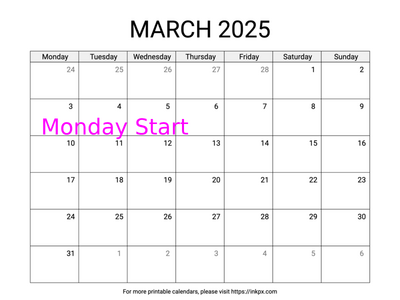 Free Printable Simple March 2025 Calendar (Monday Start)