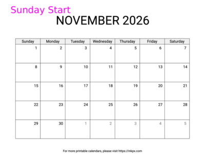 Free Printable Simple November 2026 Calendar (Sunday Start)