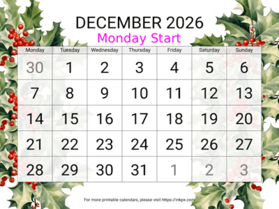 Free Printable Large Holly December 2026 Calendar (Monday Start)