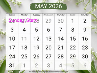 Free Printable Large Lily of the Valley May 2026 Calendar (Sunday Start)