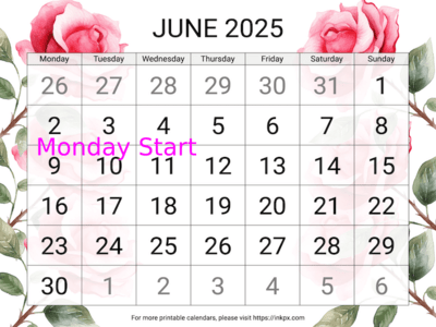 Free Printable Large Rose June 2025 Calendar (Monday Start)